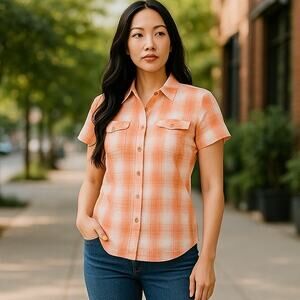 WOLVERINE Melon & White Plaid Brook Short Sleeve Cotton Shirt ~ Women's LARGE